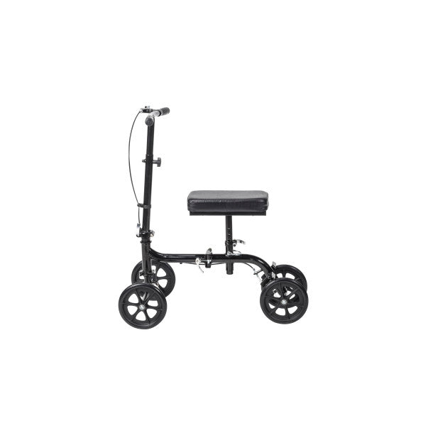 Black knee walker with wheels on a white background