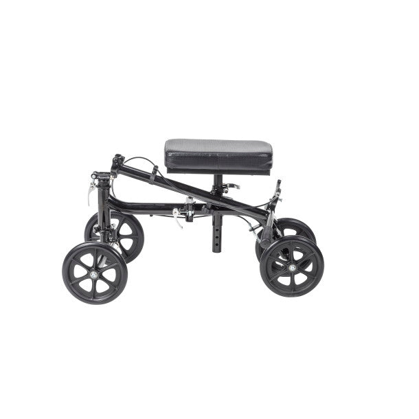 Black knee walker with wheels on a white background