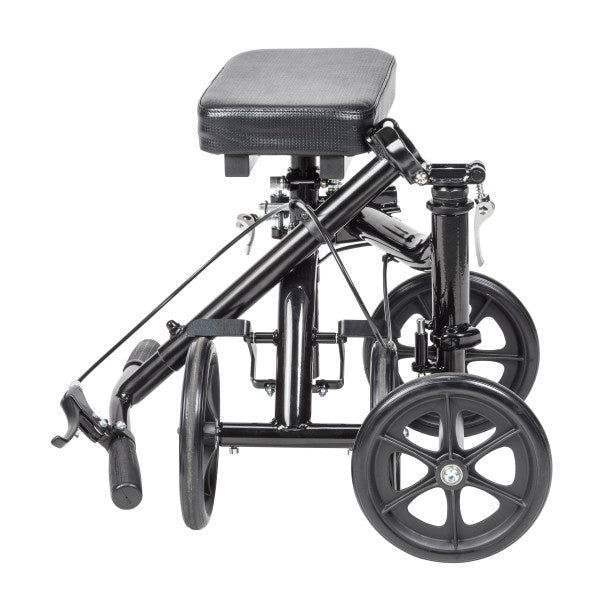 Black knee walker with wheels on a white background