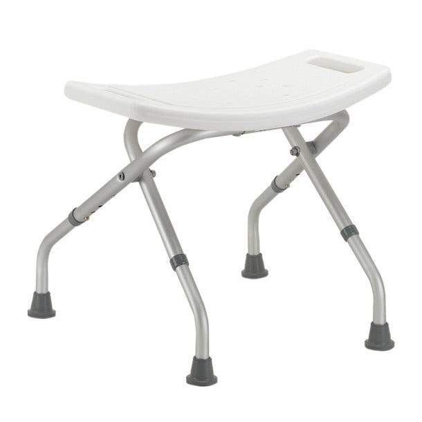 White folding shower stool with metal legs on a white background