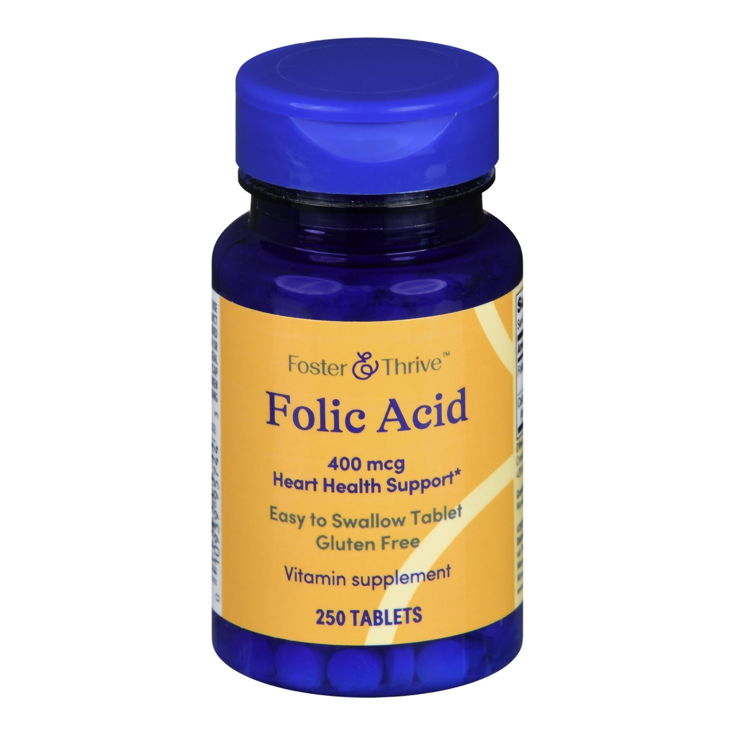 Bottle of Foster & Thrive Folic Acid supplement with blue cap and yellow label on a white background