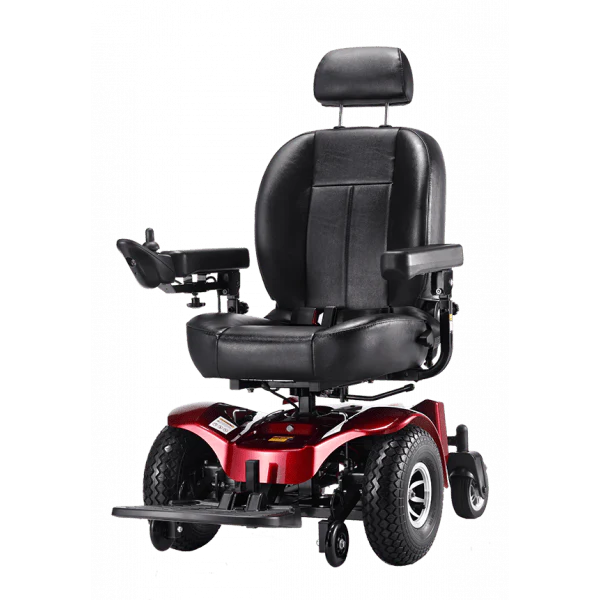 Black electric wheelchair with red base on a white background