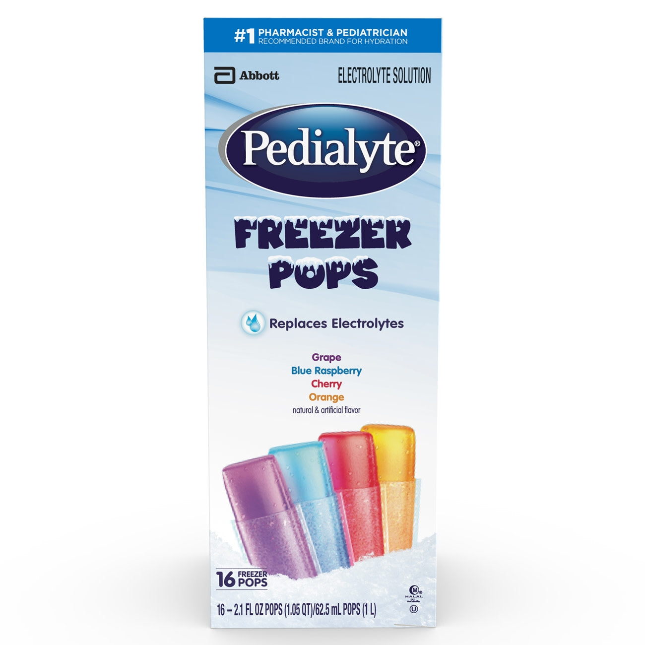 Pedialyte Freezer Pops packaging with colorful pops and Abbott branding on a white background