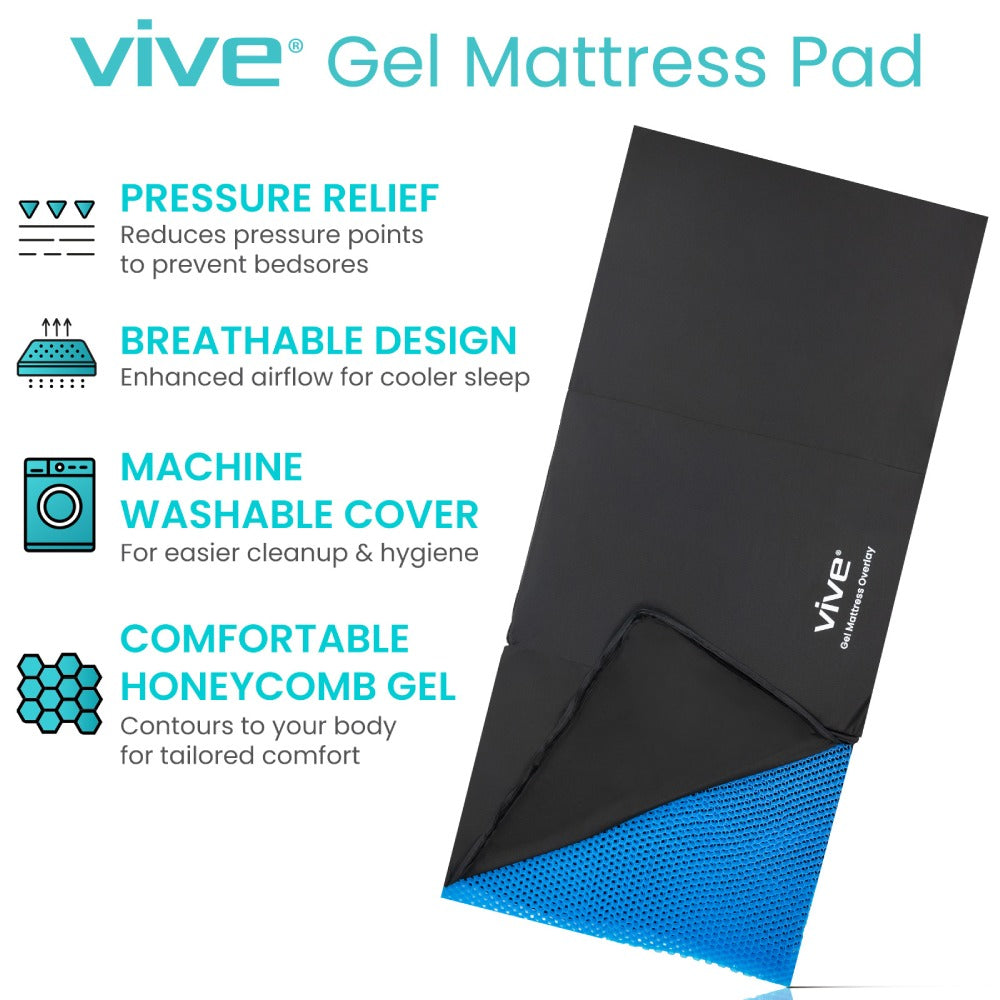 Vive gel mattress pad with features listed on a white background