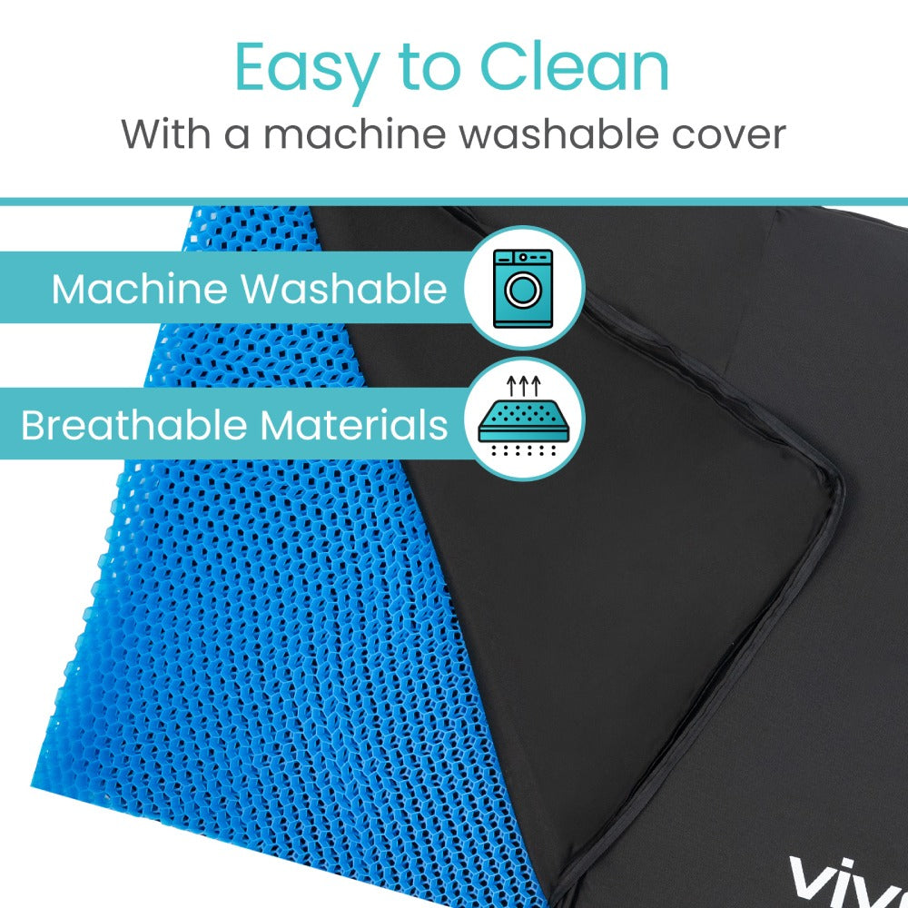 Text and icons indicating machine washable and breathable materials on a blue and black fabric background.