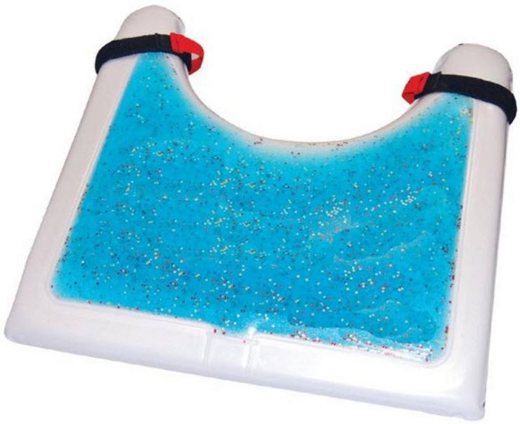 Blue glittery gel pack in a white holder with red straps on a white background