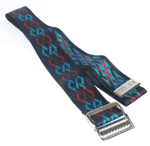 Navy blue gait belt with red and blue geometric pattern on a white background