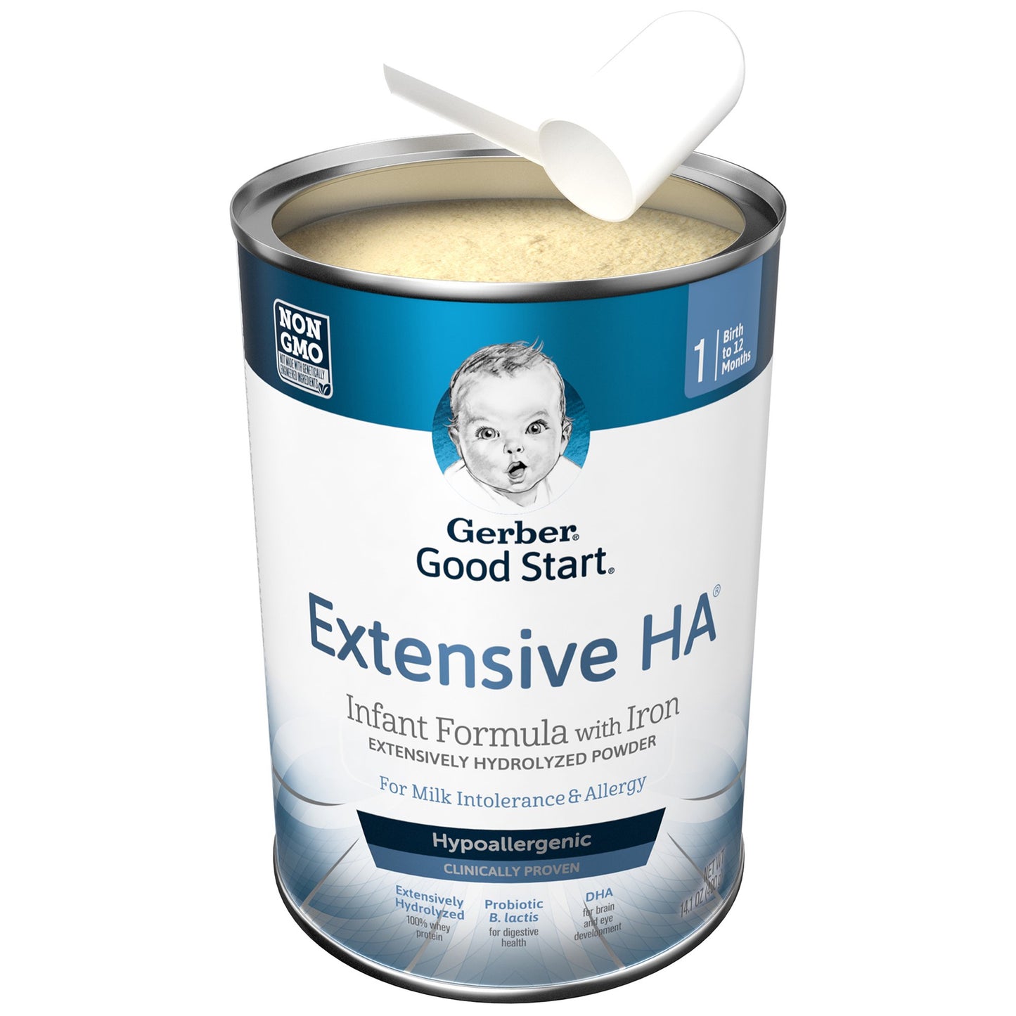Can of Gerber Good Start Extensive HA infant formula with a spoon on a white background