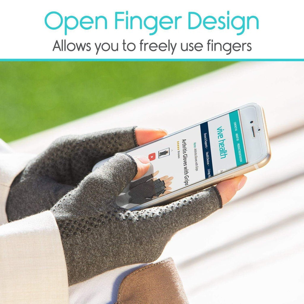 Hand wearing a gray glove using a smartphone with text 'Open Finger Design' above.