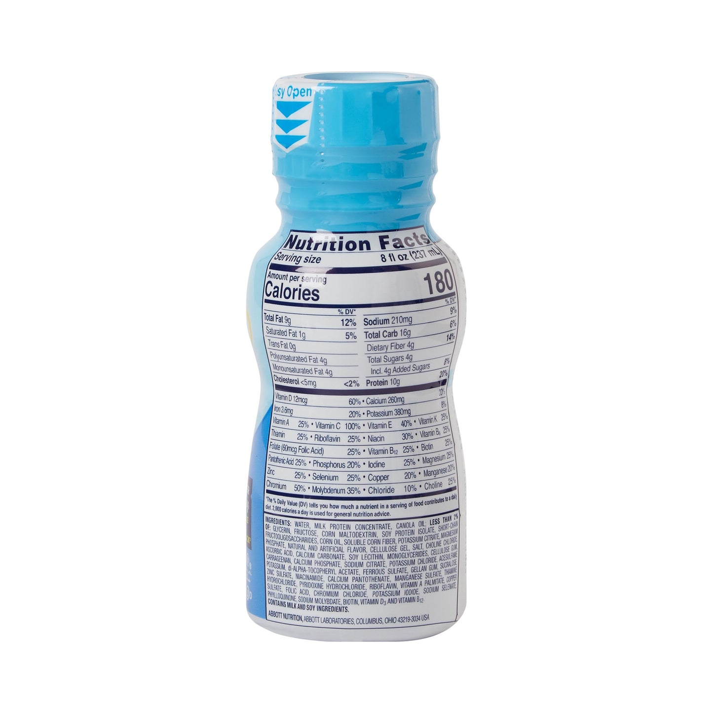 Bottle with nutrition label on a white background