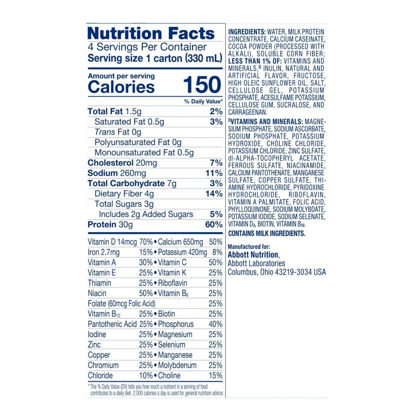 Nutrition facts label for a product with detailed information on calories, nutrients, and ingredients.