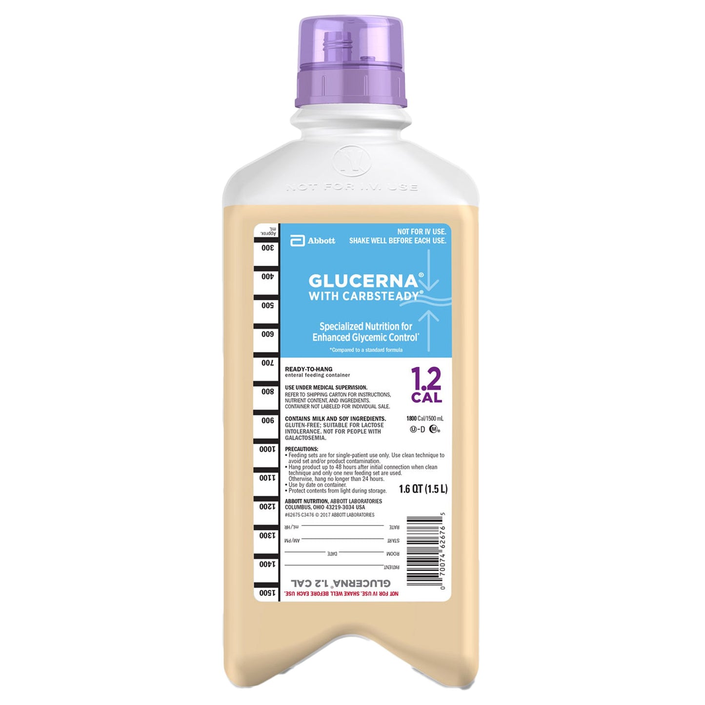 Glucerna nutritional supplement bottle with a purple cap on a white background