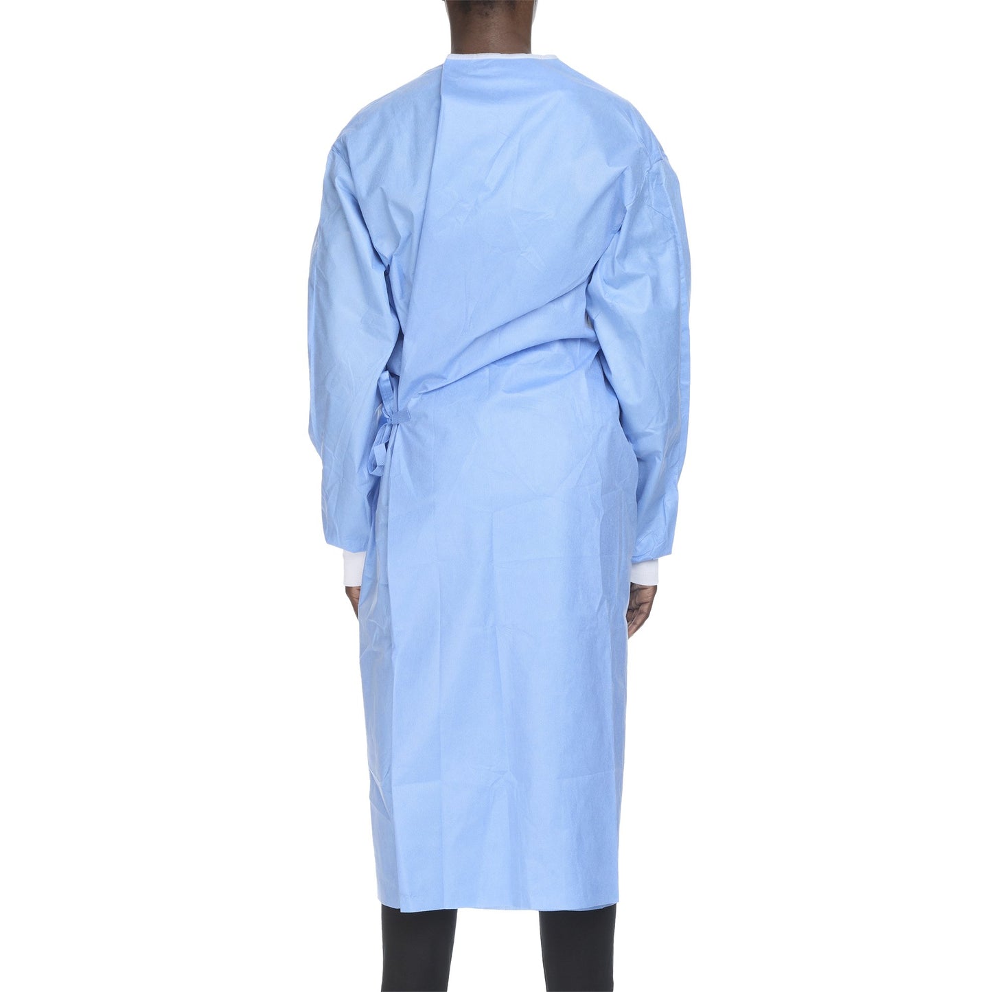 Person wearing a light blue medical gown on a white background