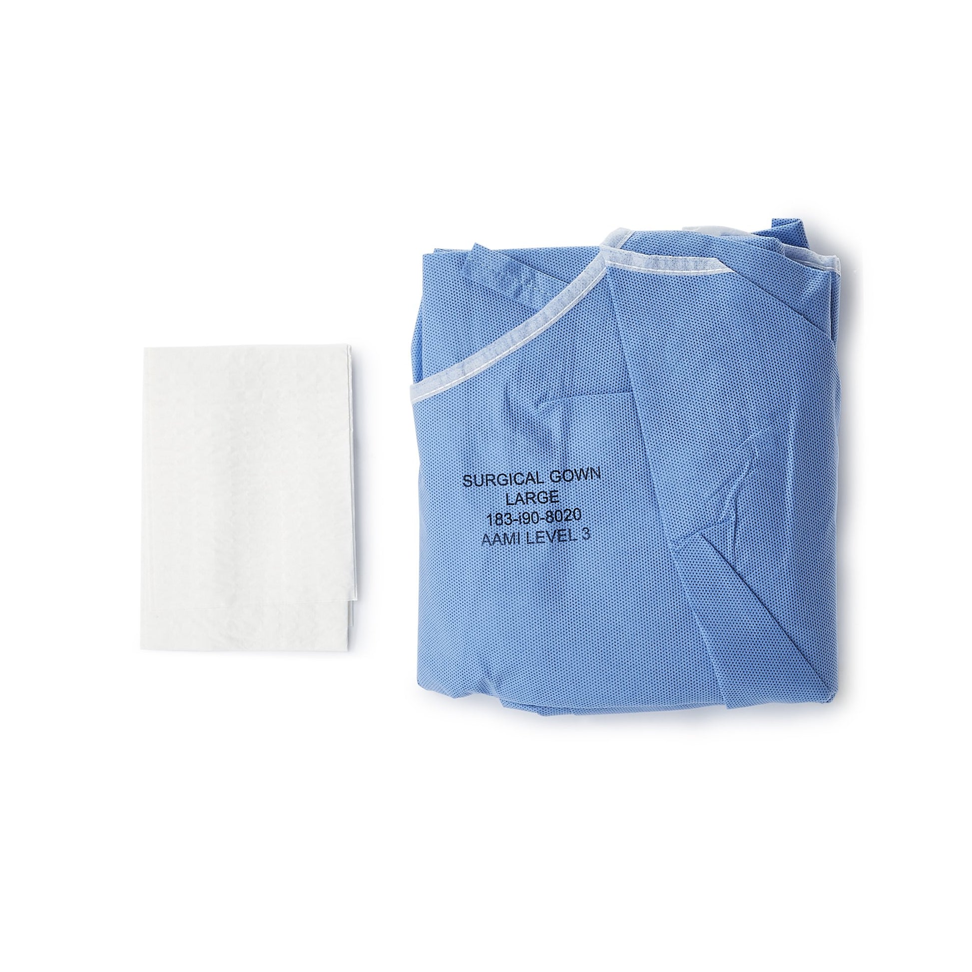Folded blue surgical gown with text on a white background