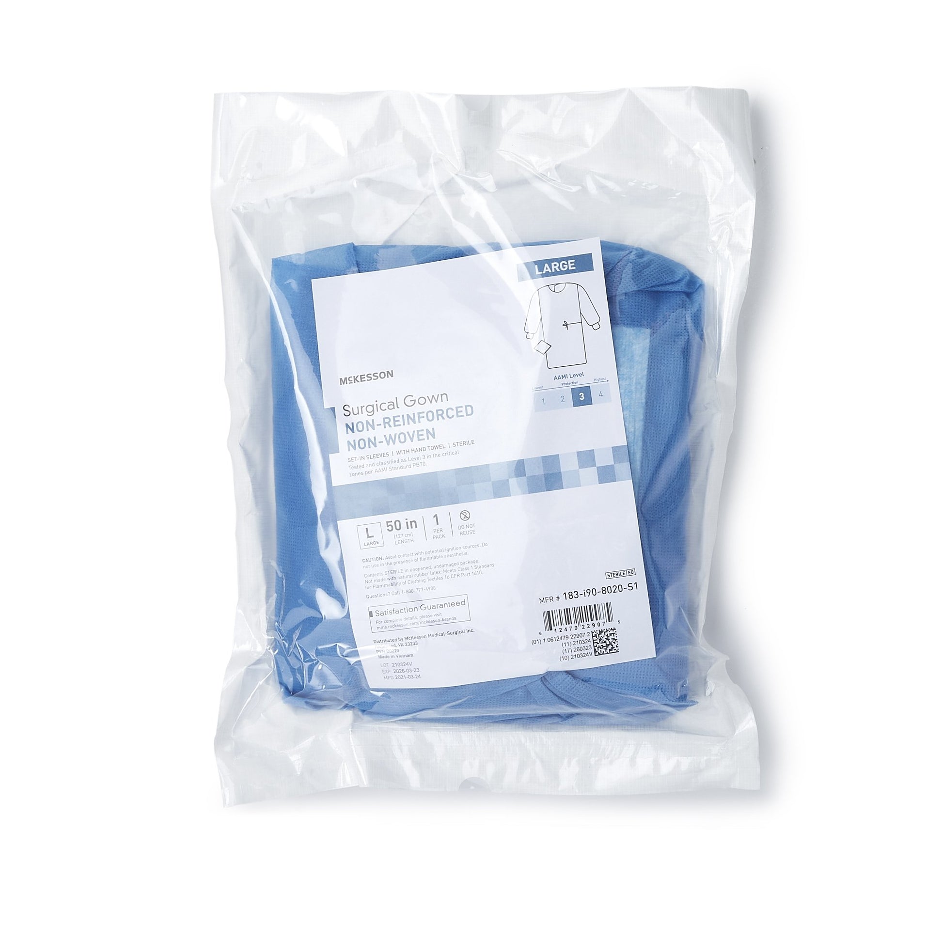 Package of blue surgical gloves with a label on a white background