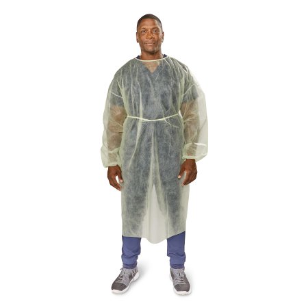 Person wearing a clear plastic protective gown on a white background