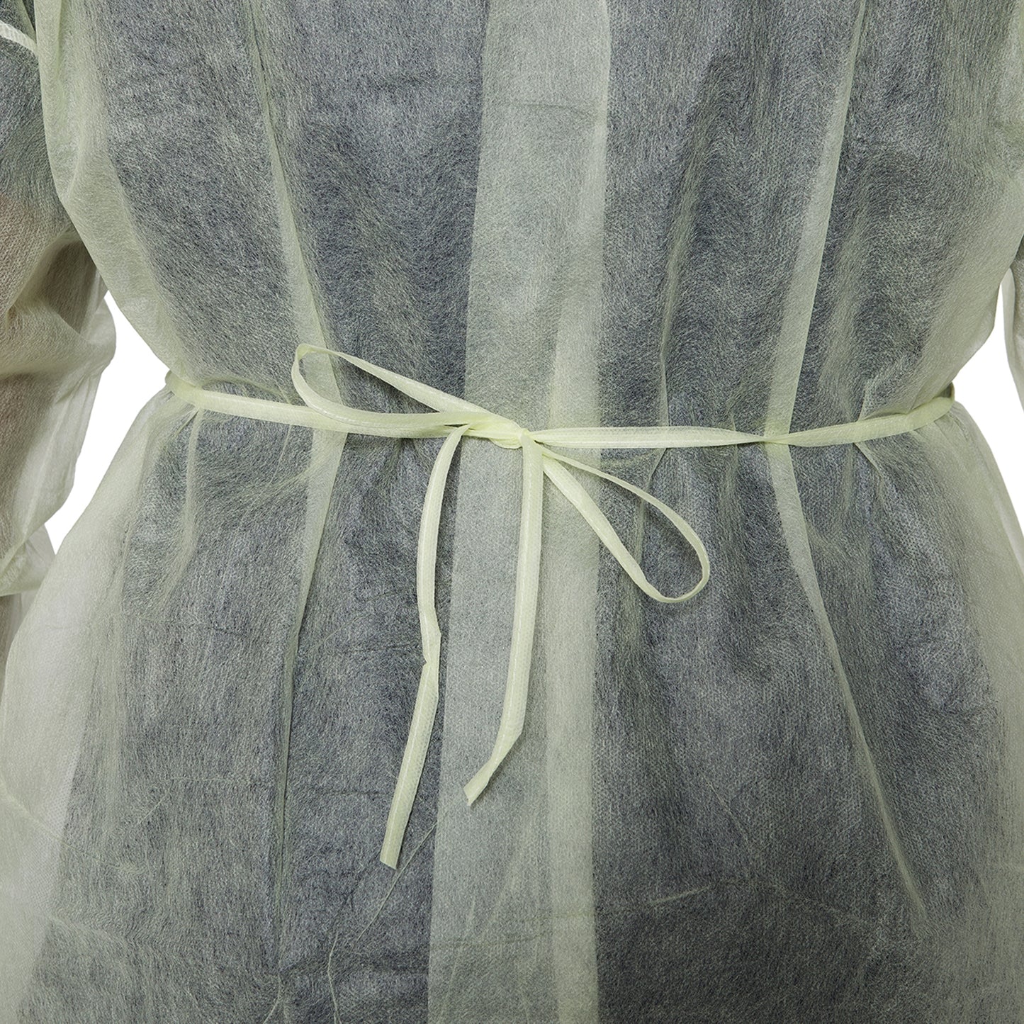 Close-up of a sheer dress with a light green ribbon on a white background