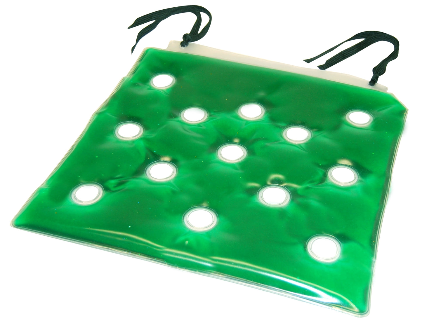 Green seat cushion with multiple holes on a white background