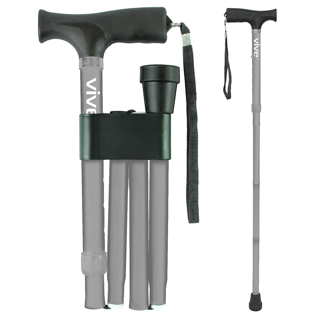 Collapsible walking cane with adjustable top and strap, branded 'Vive'.