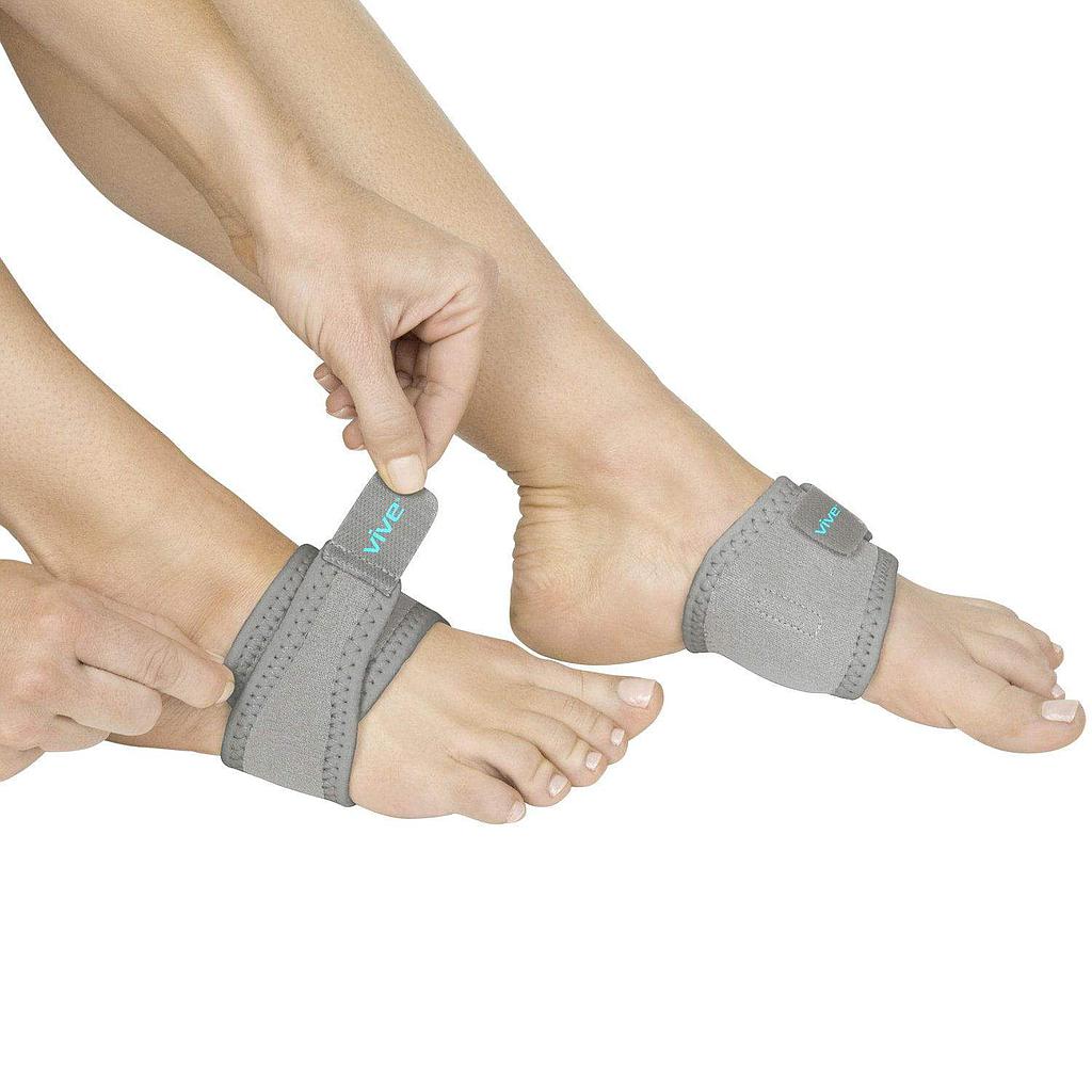 Gray foot support devices being worn on a person's feet with a white background