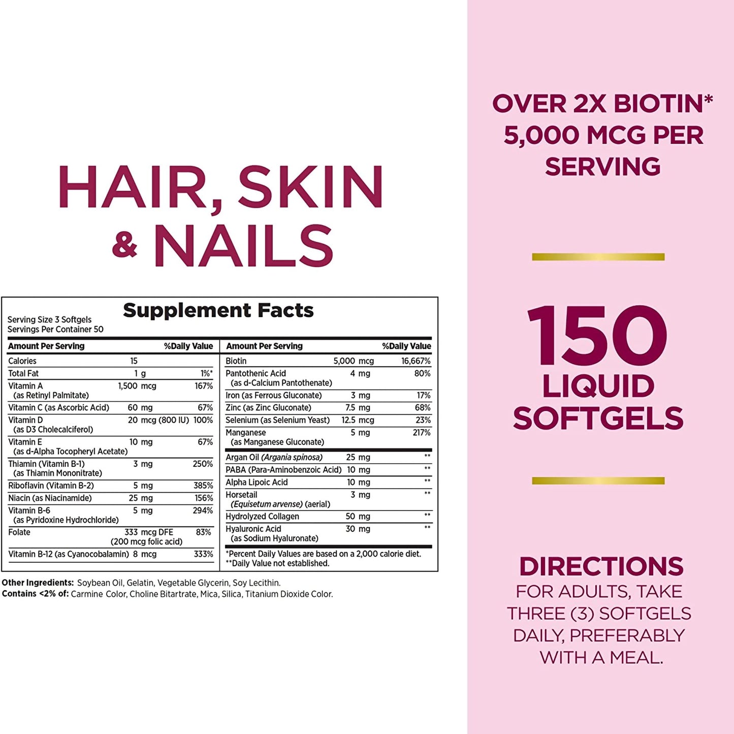 Supplement label for hair, skin, and nails with Biotin content and directions.