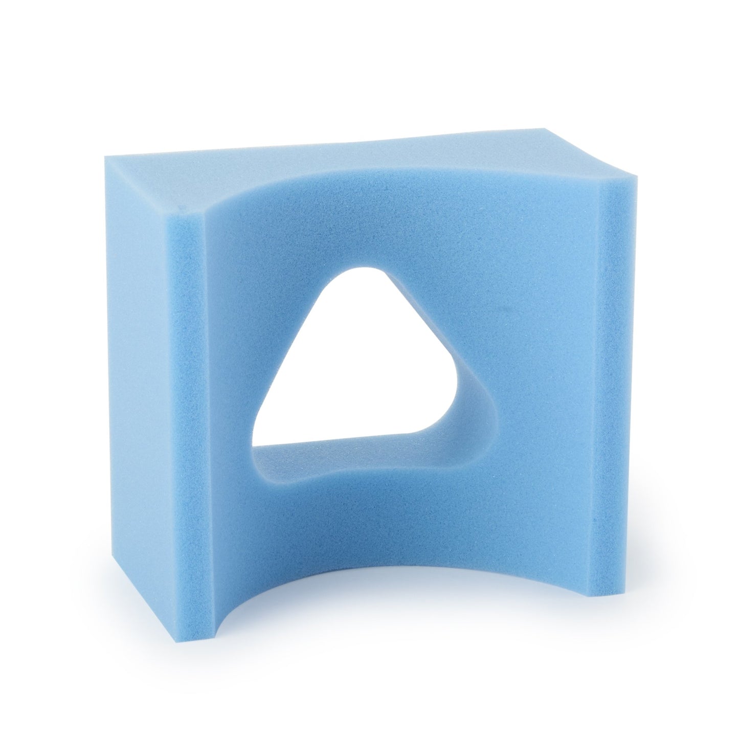 Blue foam block with a triangular hole on a white background