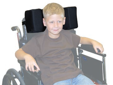 Child in a wheelchair with a headrest cover on a white background