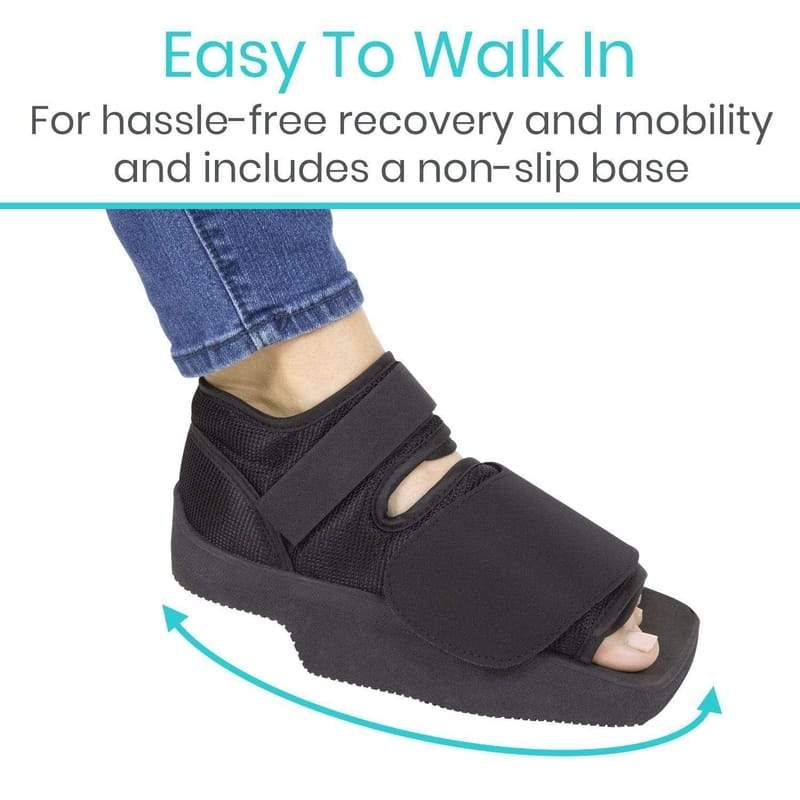 Black foot orthosis with text about hassle-free recovery and non-slip base on a white background
