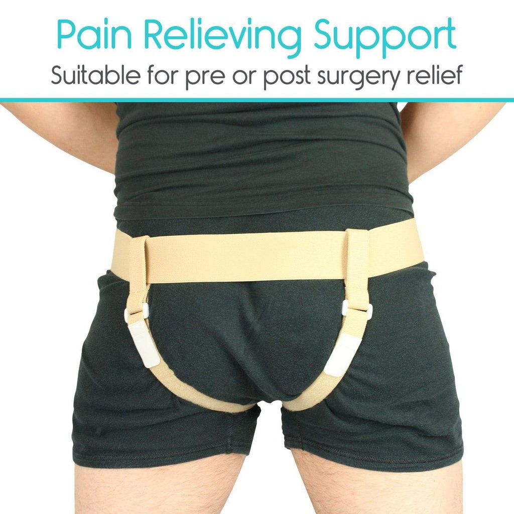 Pain relieving support belt worn by a person on a white background with text about its use.
