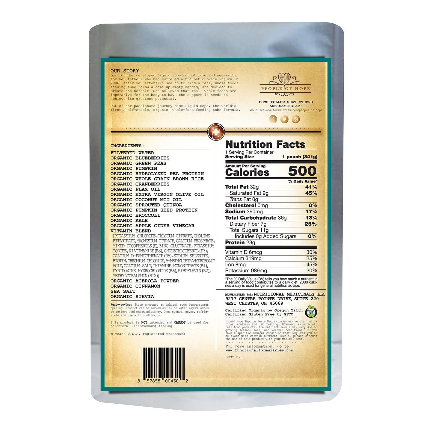 Back label of a supplement package with nutritional information and ingredients.