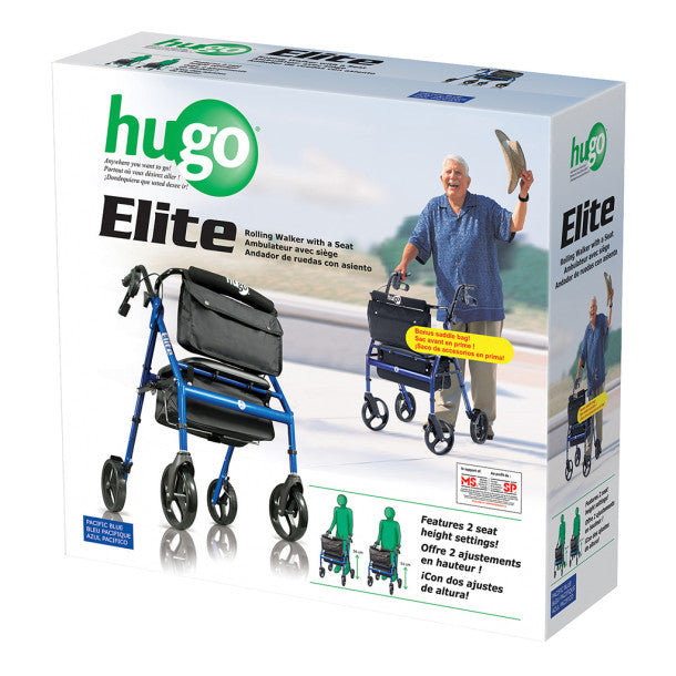 Box of Hugo Elite rolling walker with a seat on a white background
