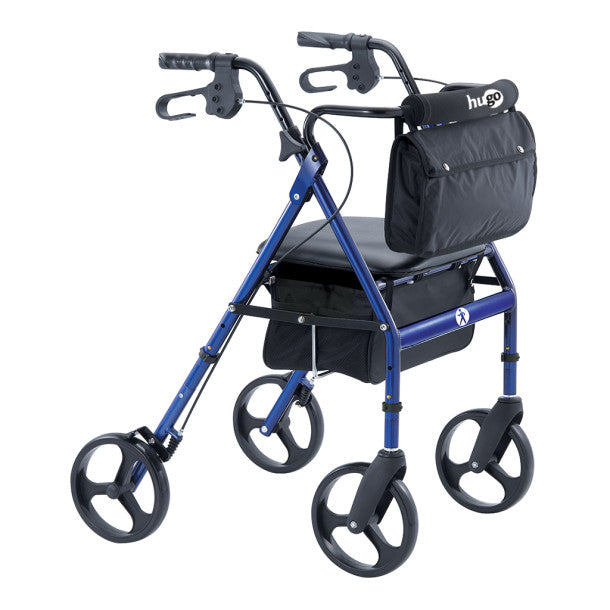Blue walker with a black seat and bag on a white background