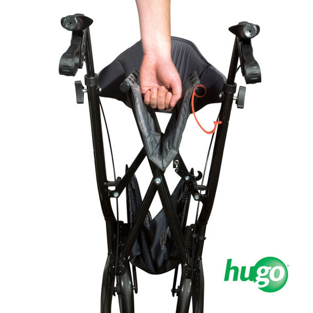 Person using a black walker with 'hugo' branding on a white background
