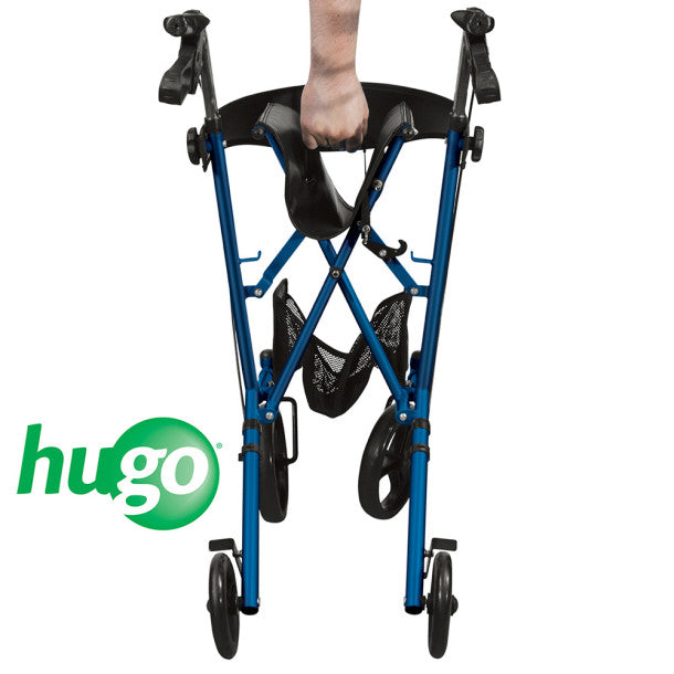 Blue walker with black foot rests on a white background, featuring the 'hugo' brand logo.