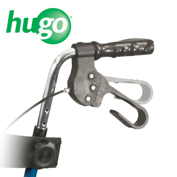 Close-up of a mechanical device with a handle and lever, branded 'hugo'.