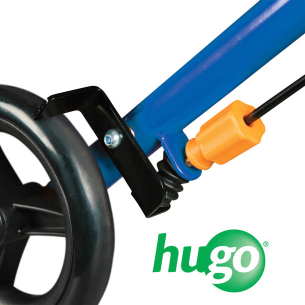 Close-up of a blue and black scooter with an orange component, featuring the 'hugo' brand logo.