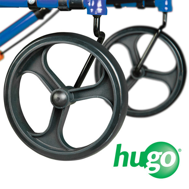 Close-up of a wheel with 'hugo' branding on a white background