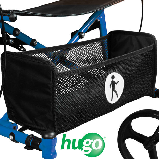 Black storage basket attached to a blue scooter with 'hugo' logo.