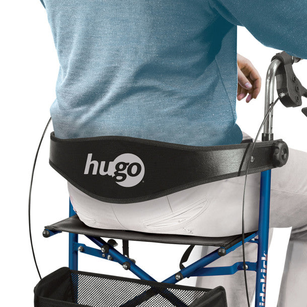 Person using a walker with a 'hugo' branded seat