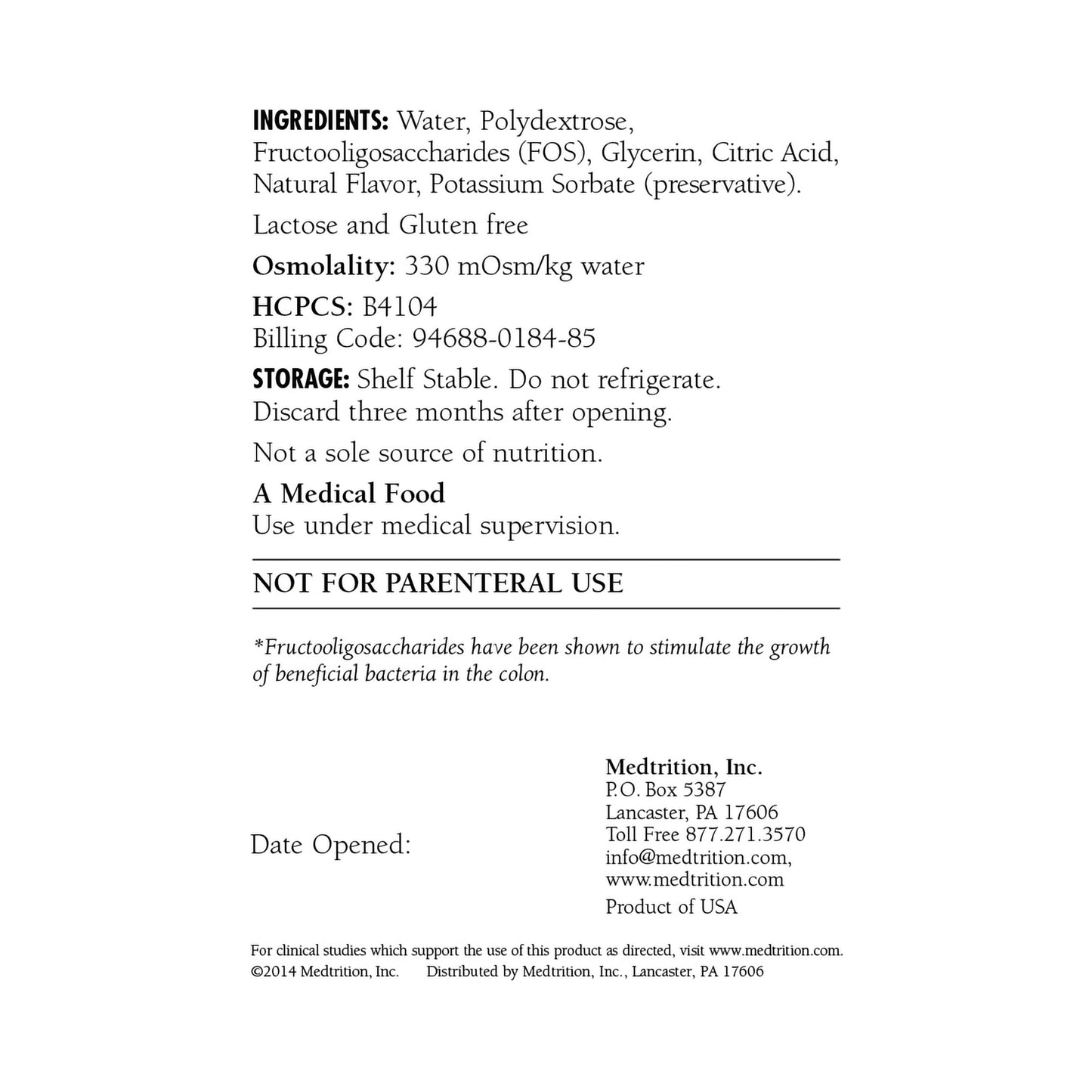 Medical product label with ingredients, osmolality, storage, and usage instructions on a white background.