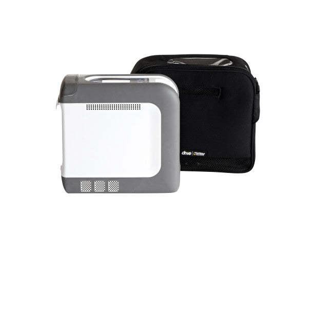 Gray electronic device with a black carrying case on a white background