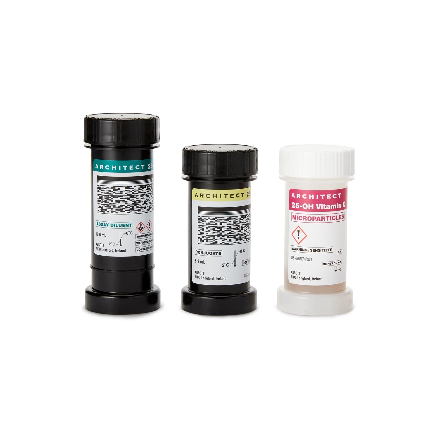 Three cylindrical containers with labels on a white background