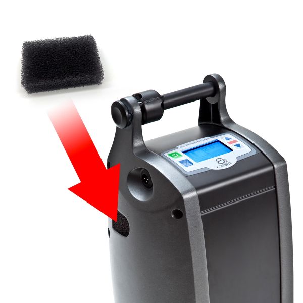Air compressor with a foam filter attachment on a white background