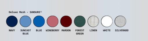 Color swatch chart for Deluxe Mesh with Sunscreen featuring various color options.