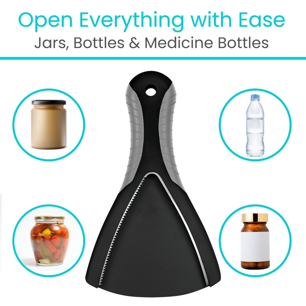 Black jar opener with text 'Open Everything with Ease' and images of jars, bottles, and medicine bottles.