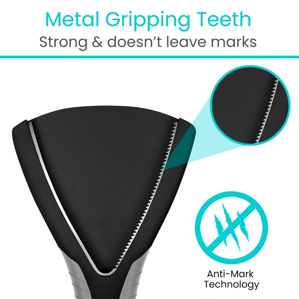 Black metal squeegee with 'Metal Gripping Teeth' feature on a white background