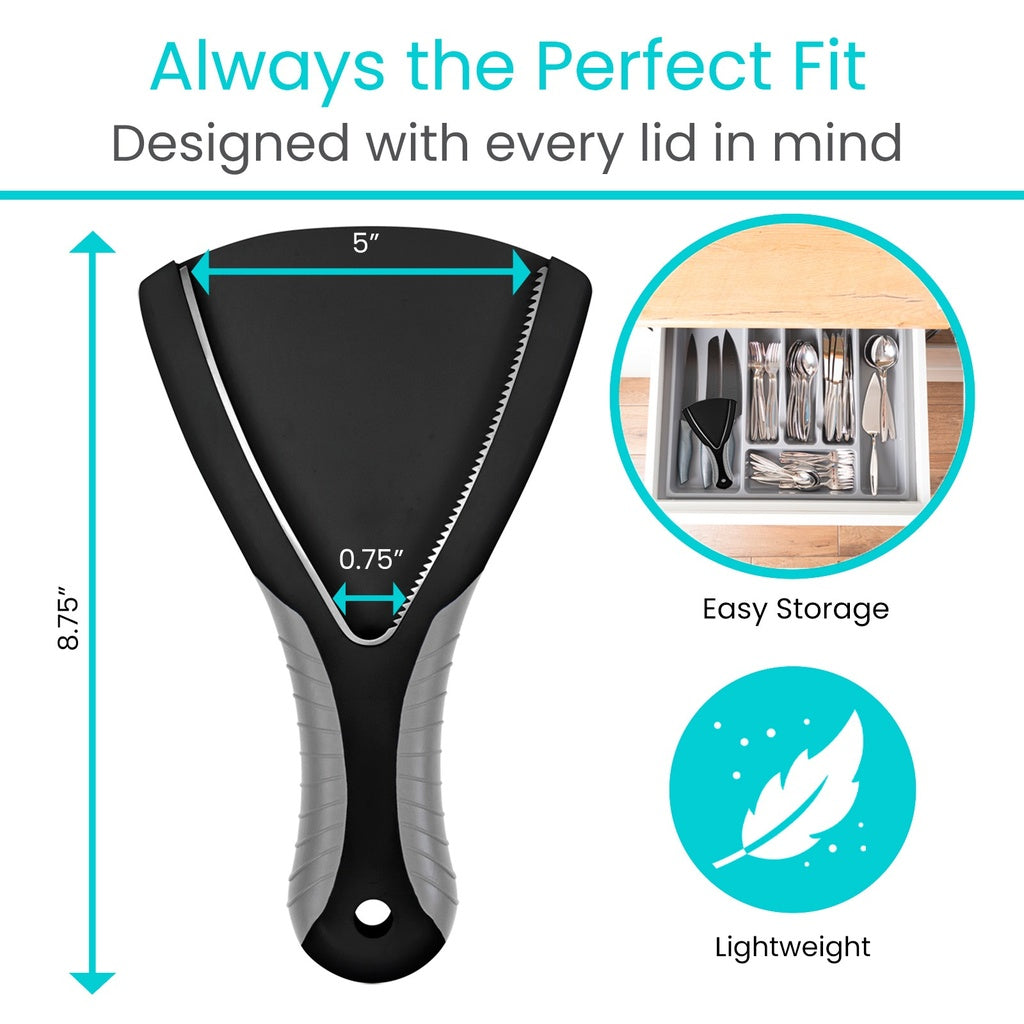Black and gray tool with measurements and text about its features on a white background