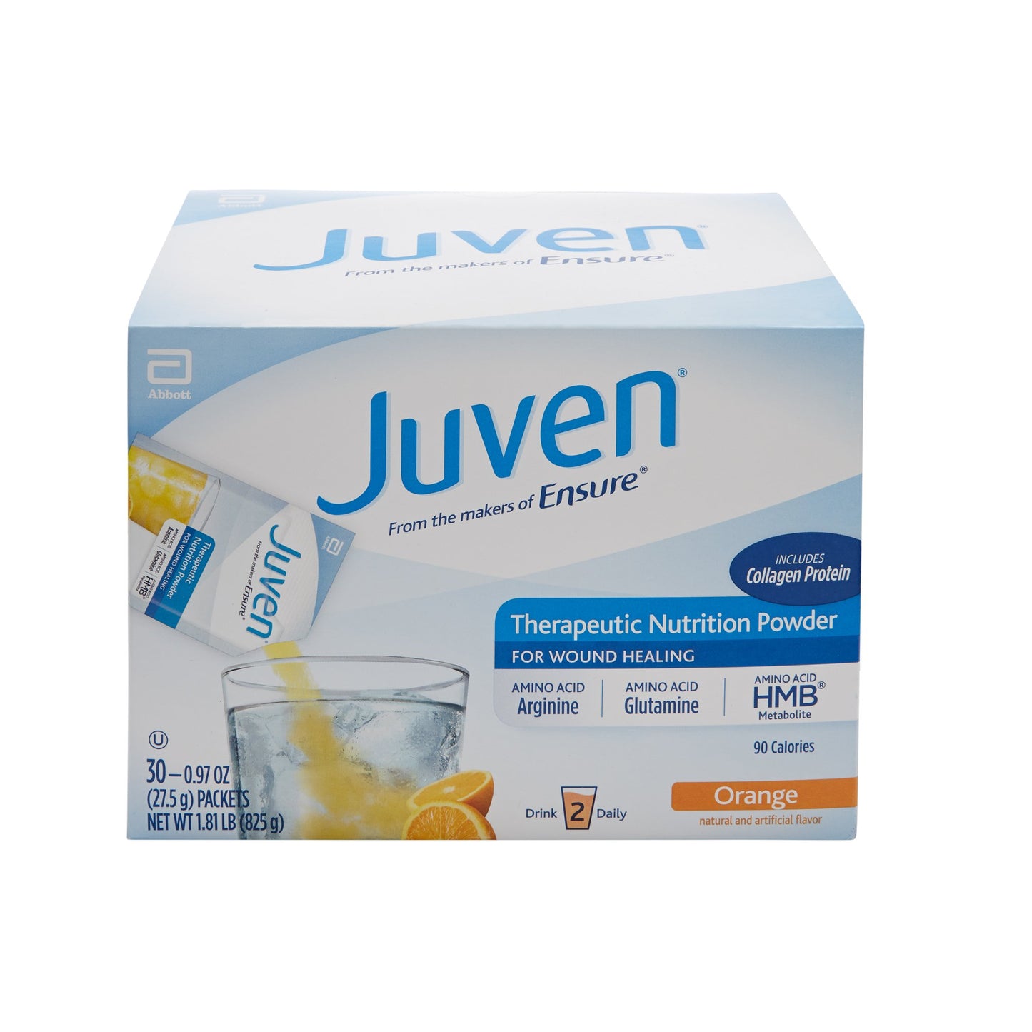 Box of Juven therapeutic nutrition powder with a glass of orange juice on a white background