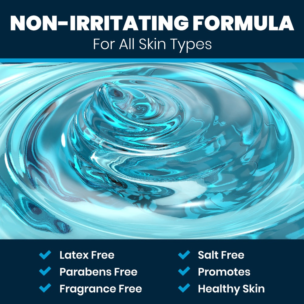 Blue swirling water design with text about a non-irritating formula for all skin types.