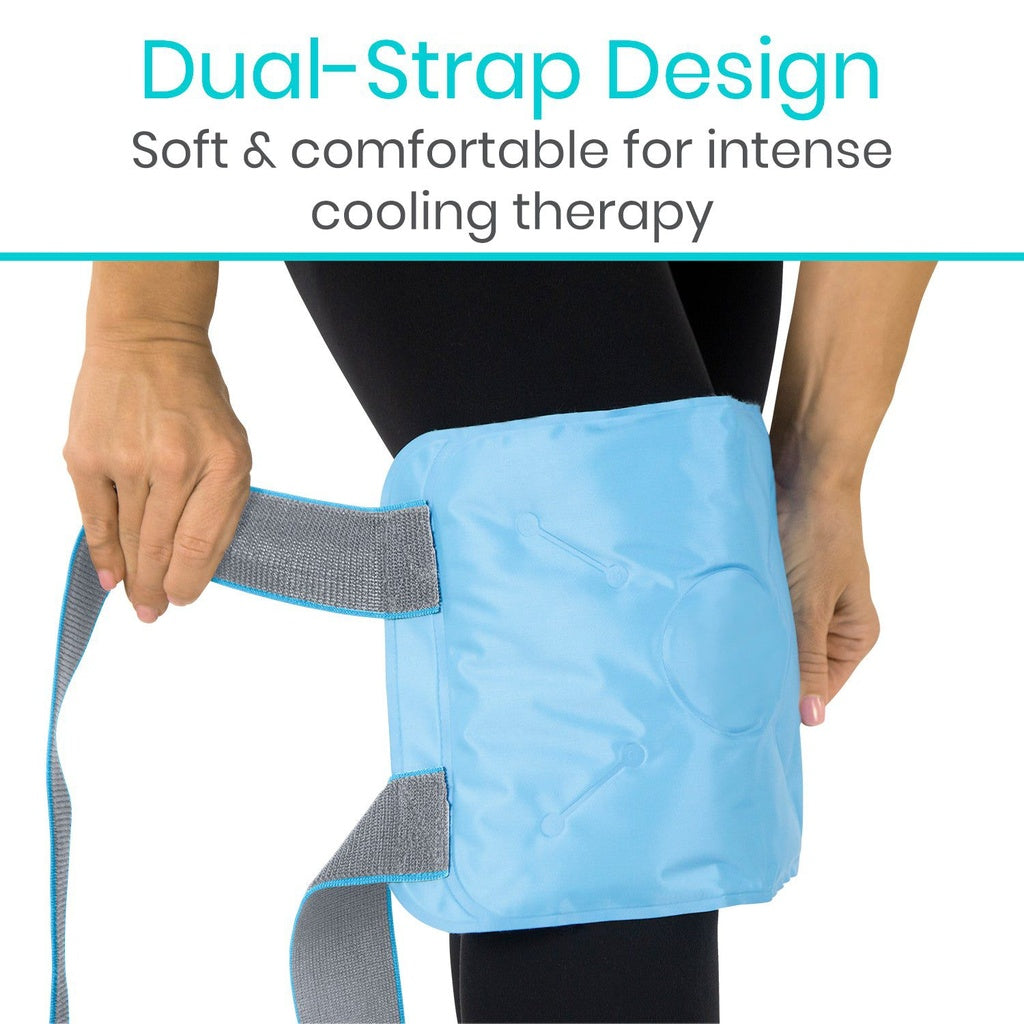 Blue cooling wrap with dual straps on a person, text 'Dual-Strap Design' and 'Soft & comfortable for intense cooling therapy' above.